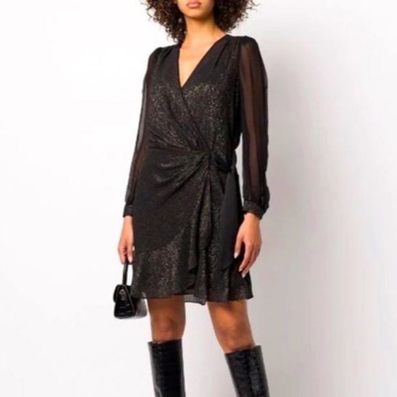 Diane Von Furstenberg Clarice Black Metallic Wrap Dress 8 Long Sleeve Party
